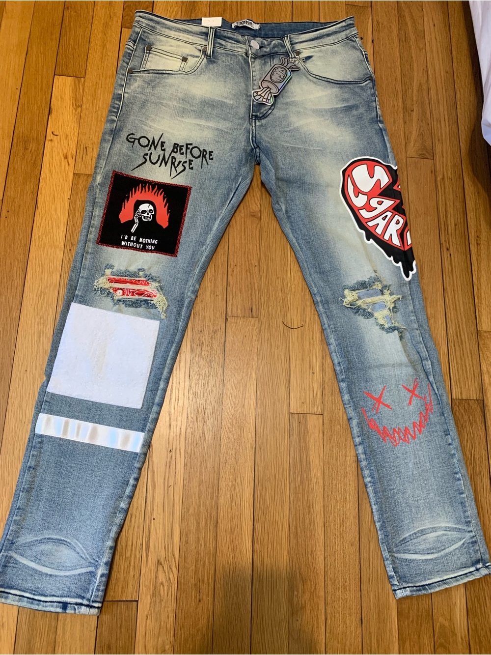 Sugar hill Light Blue Skinny Jeans with Patchwork & Distressed Details